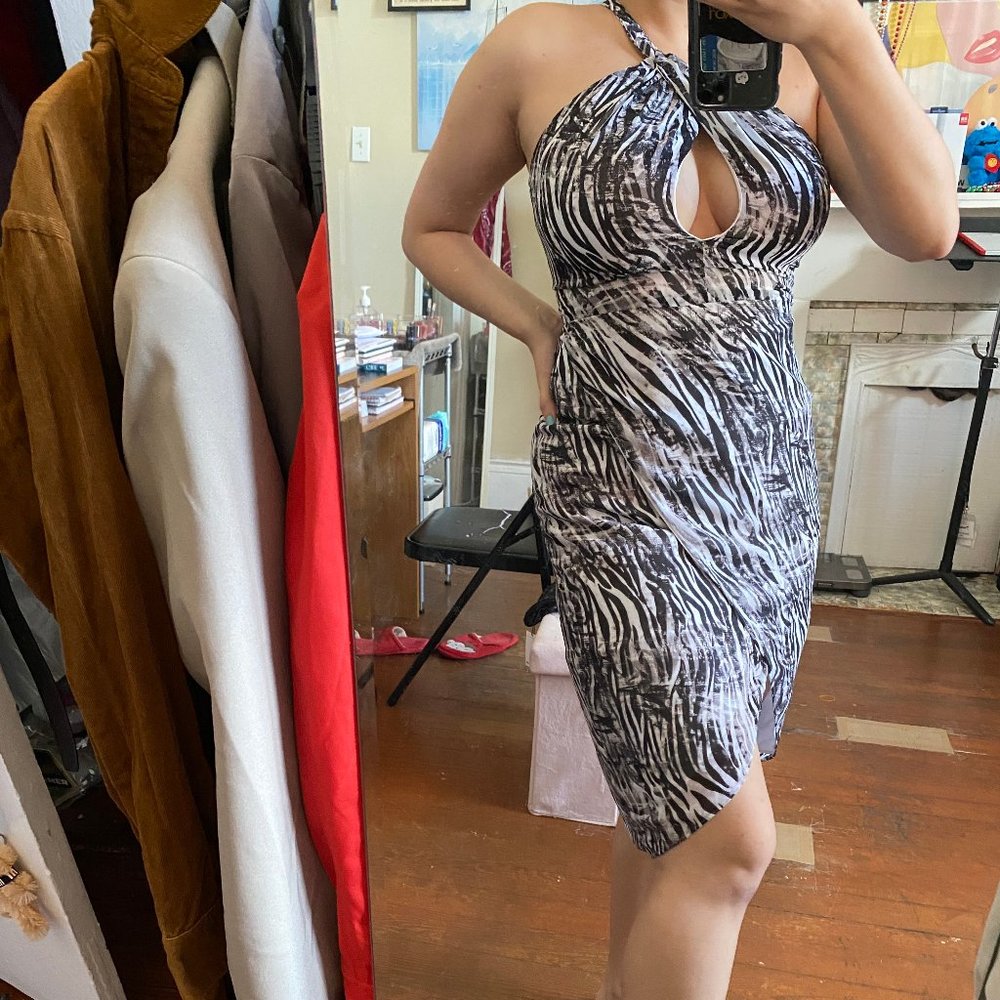 BEBE Deep Halter Vneck Zebra BW Black Striped Party Dress, Party, Small 2